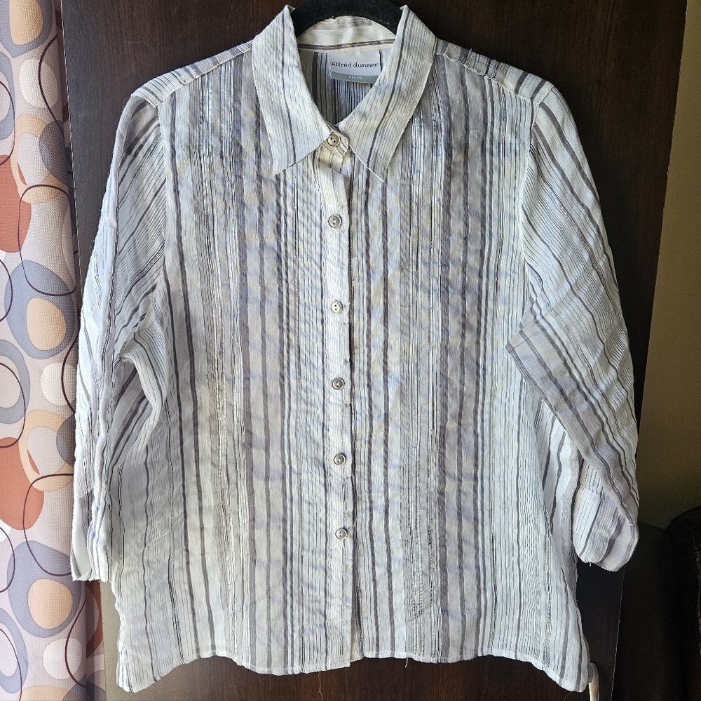Alfred Dunner Cream And Grey Striped Blouse